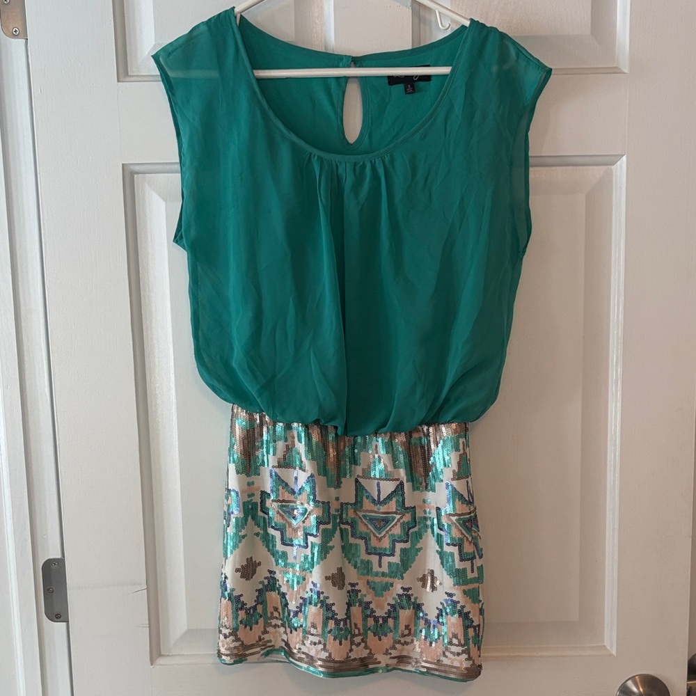 Love Reign Teal Blouson Mini Dress with Sequin Aztec Skirt